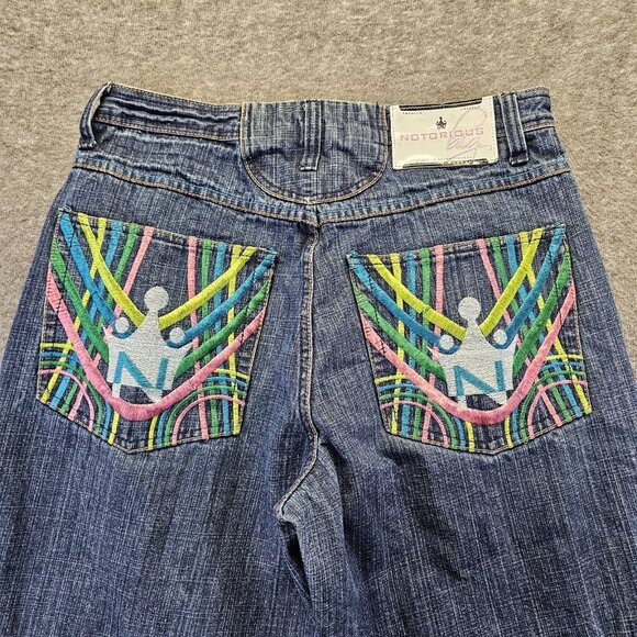 Notorious BIG Jeans Mens 34x33 Blue Embroidered Denim Hip Hop Baggy Skate - Picture 3 of 13
